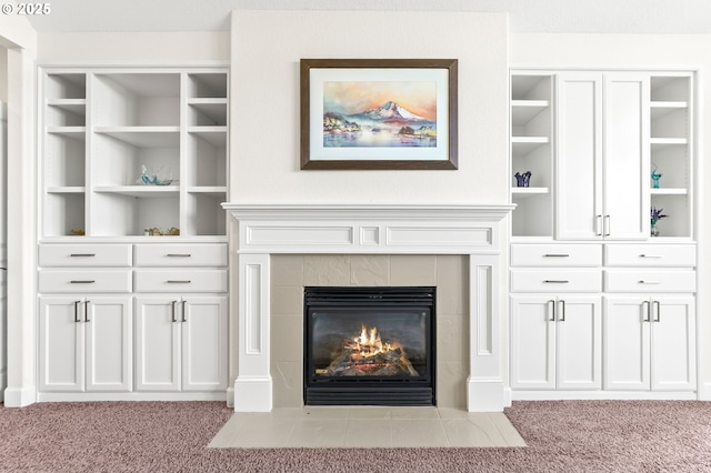 detailed view of carpet flooring and a fireplace