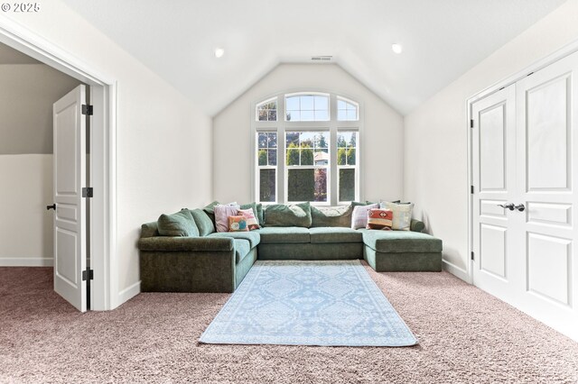 17488 SW Hoodoo Ct, Beaverton, OR 97007 - living area featuring carpet, vaulted ceiling, baseboards, and recessed lighting