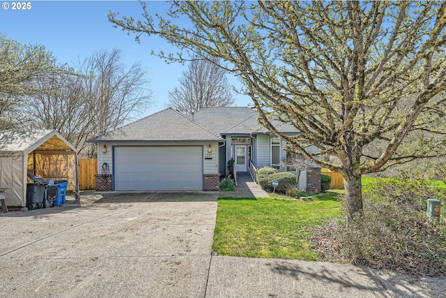 1207 NE 2nd Cir, Battle Ground, WA 98604 - view of front of property featuring concrete driveway, a front lawn, brick siding, a garage, and fence
