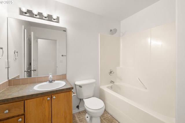 full bathroom featuring shower / tub combination, vanity, toilet, and tile patterned floors