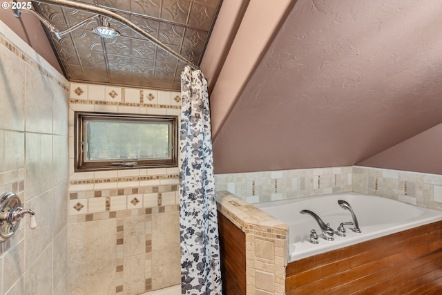 827 Tyler Creek Rd, Ashland, OR 97520 - bathroom featuring lofted ceiling, a bath, and tiled shower