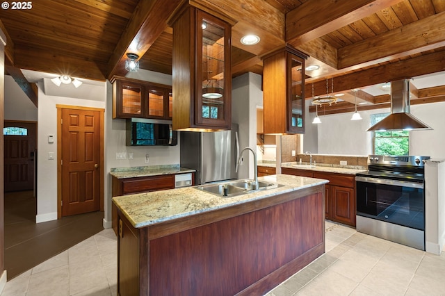 827 Tyler Creek Rd, Ashland, OR 97520 - kitchen featuring appliances with stainless steel finishes, a wood ceiling with exposed beams, island exhaust hood, tasteful backsplash, and light stone countertops