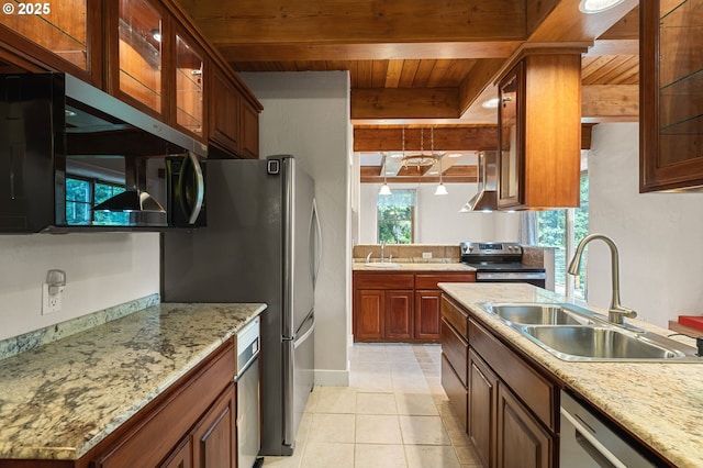 827 Tyler Creek Rd, Ashland, OR 97520 - kitchen featuring stainless steel appliances, a wood ceiling with exposed beams, light tile patterned flooring, glass insert cabinets, and light stone counters