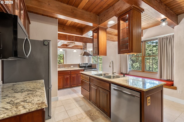 827 Tyler Creek Rd, Ashland, OR 97520 - kitchen featuring stainless steel appliances, a wood ceiling with exposed beams, light tile patterned floors, healthy amount of natural light, and exhaust hood