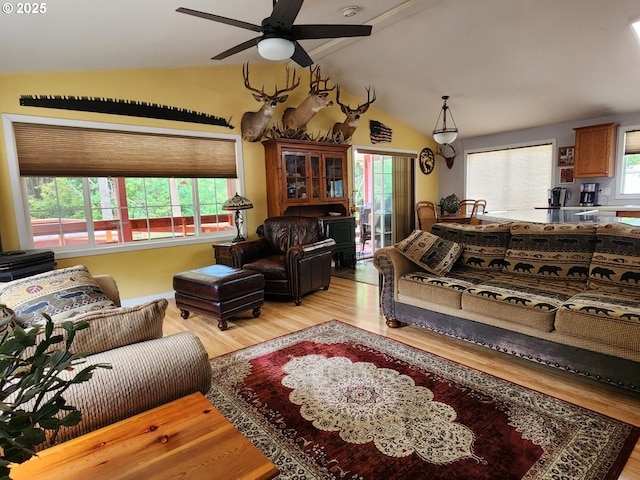 2420 Jefferson St, Port Orford, OR 97465 - living room with lofted ceiling, light wood-style flooring, and a ceiling fan