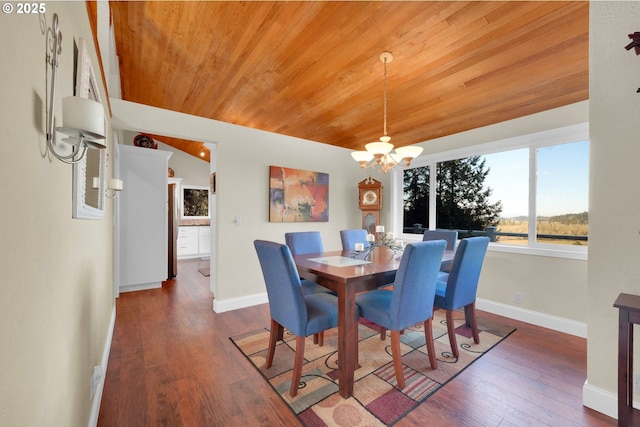 dining space featuring wood-type flooring, wooden ceiling, baseboards, and an inviting chandelier