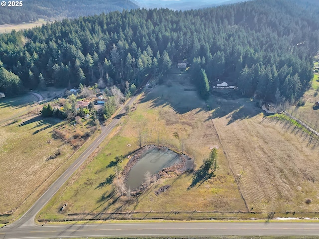 birds eye view of property featuring a rural view and a view of trees