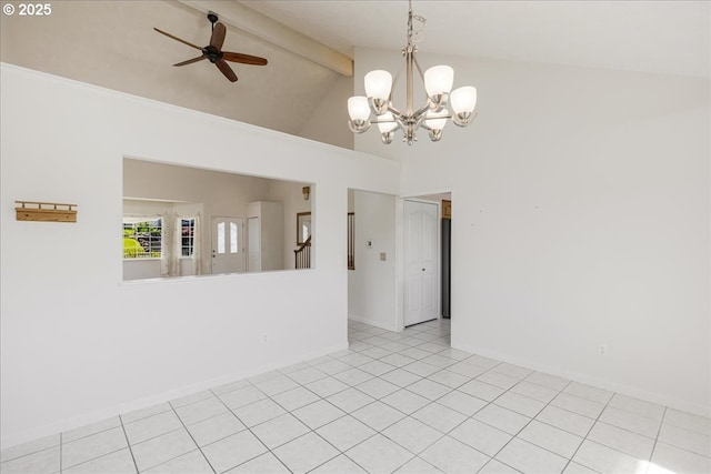 1825 Minnesota St, The Dalles, OR 97058 - unfurnished room with high vaulted ceiling, ceiling fan with notable chandelier, baseboards, light tile patterned floors, and beamed ceiling