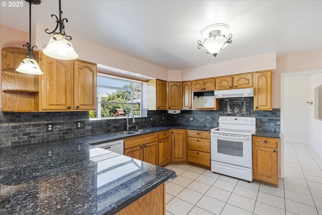 1825 Minnesota St, The Dalles, OR 97058 - kitchen with white appliances, open shelves, under cabinet range hood, and a sink