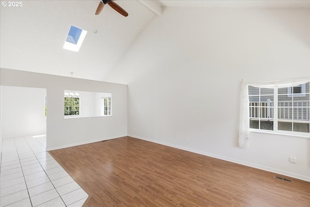 1825 Minnesota St, The Dalles, OR 97058 - unfurnished living room featuring visible vents, beam ceiling, high vaulted ceiling, ceiling fan with notable chandelier, and a skylight