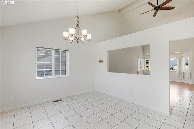 1825 Minnesota St, The Dalles, OR 97058 - spare room with light tile patterned floors, high vaulted ceiling, ceiling fan with notable chandelier, and beam ceiling
