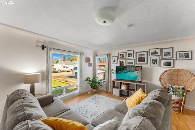 living area featuring light wood-style flooring, a textured ceiling, and baseboards