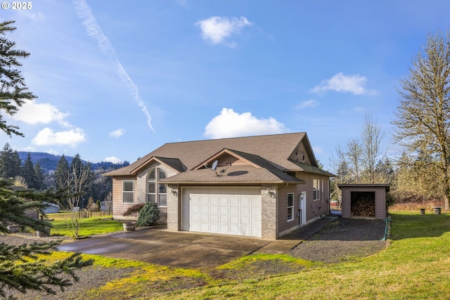 single story home with a front lawn, a shed, and a garage