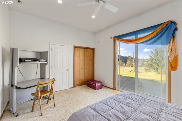 bedroom with ceiling fan, access to exterior, and carpet floors