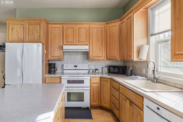 kitchen featuring backsplash, sink, white appliances, and light hardwood / wood-style flooring