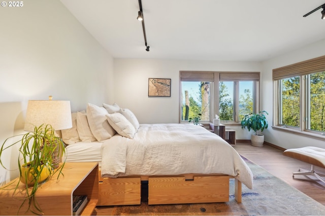 bedroom featuring baseboards, rail lighting, and wood finished floors