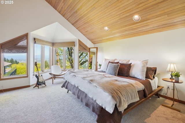 carpeted bedroom with baseboards, vaulted ceiling, and wooden ceiling