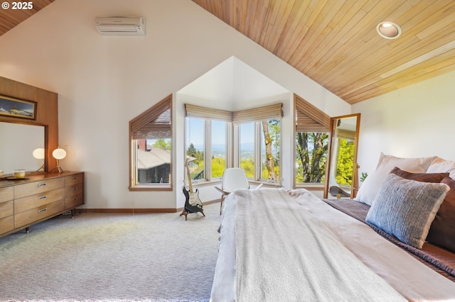 bedroom featuring carpet floors, lofted ceiling, baseboards, recessed lighting, and wooden ceiling