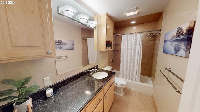 full bath featuring vanity, toilet, tile patterned floors, and shower / bath combination with curtain