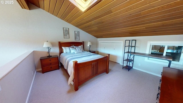 bedroom featuring lofted ceiling, a closet, wooden ceiling, light carpet, and baseboards