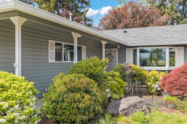view of side of property with roof with shingles