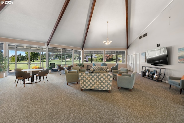 living room with carpet flooring, high vaulted ceiling, visible vents, and beam ceiling
