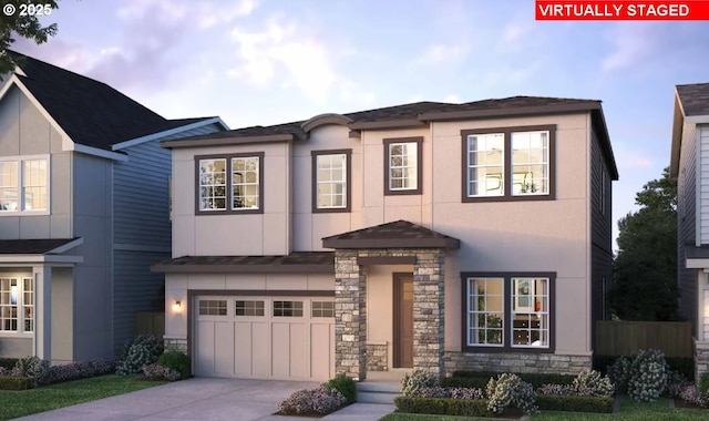 view of front of home with stone siding, driveway, an attached garage, and stucco siding