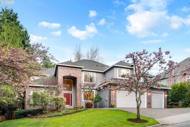view of front of property with brick siding, a front yard, asphalt driveway, an attached garage, and a shingled roof