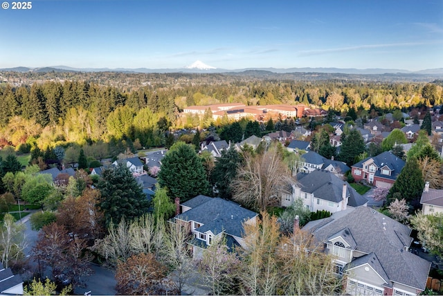 aerial perspective of suburban area with a forest and a mountainous background