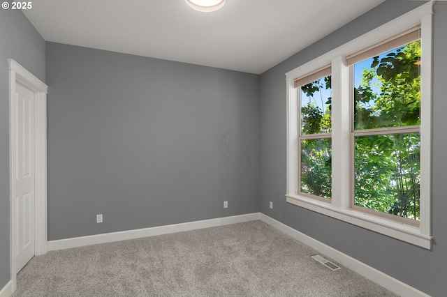 unfurnished room featuring visible vents, baseboards, and carpet floors