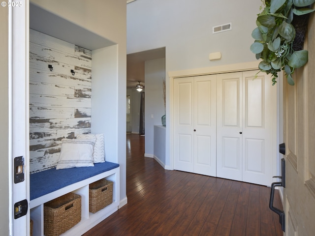 mudroom featuring dark hardwood / wood-style flooring and ceiling fan