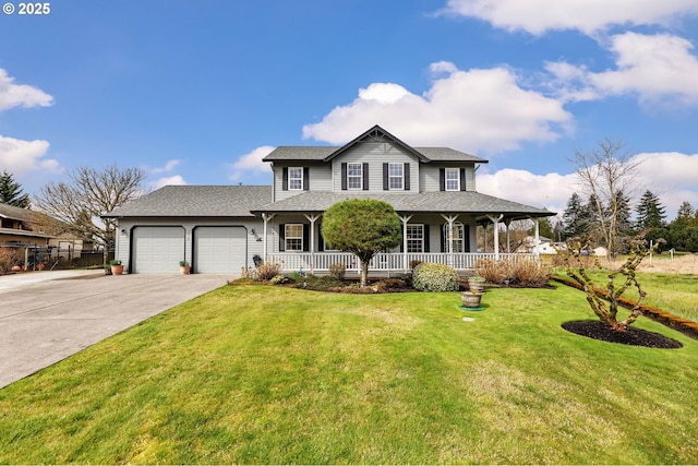 view of front of house with covered porch, concrete driveway, a front lawn, and a garage