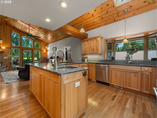25210 E Arrah Wanna Blvd, Welches, OR 97067 - kitchen featuring dishwasher, a sink, a ceiling fan, light wood-type flooring, and high vaulted ceiling