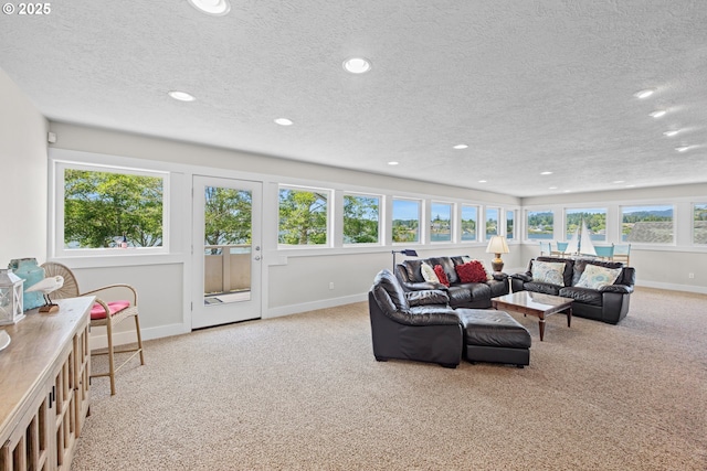 2941 NE Loop Dr, Otis, OR 97368 - living room with carpet, a textured ceiling, baseboards, and recessed lighting