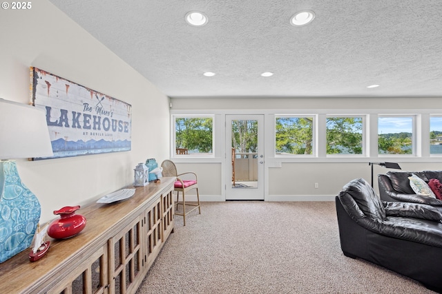 2941 NE Loop Dr, Otis, OR 97368 - living room featuring recessed lighting, a textured ceiling, carpet floors, and baseboards