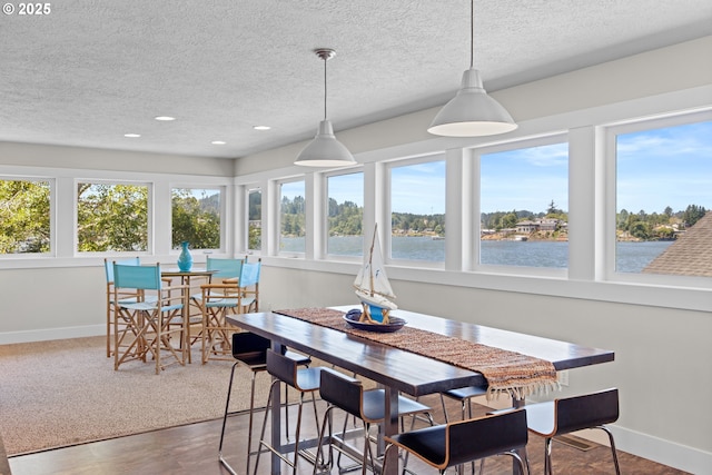 2941 NE Loop Dr, Otis, OR 97368 - dining room with baseboards, a textured ceiling, recessed lighting, a water view, and wood finished floors