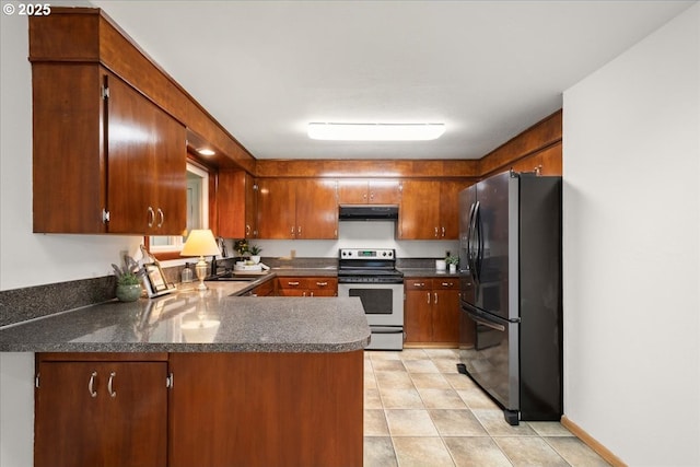 1209 NW 53rd St, Vancouver, WA 98663 - kitchen with appliances with stainless steel finishes, under cabinet range hood, a peninsula, a sink, and dark countertops