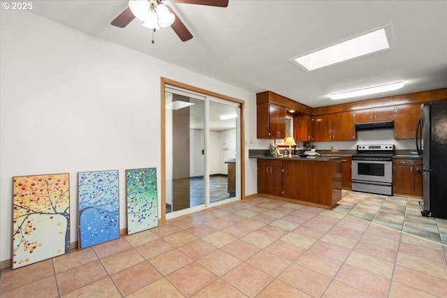 1209 NW 53rd St, Vancouver, WA 98663 - kitchen with appliances with stainless steel finishes, dark countertops, a peninsula, under cabinet range hood, and brown cabinetry