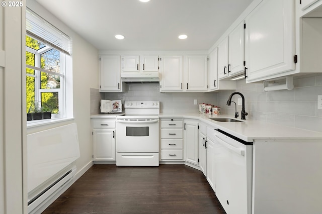 kitchen featuring white cabinetry, sink, white appliances, and a baseboard radiator