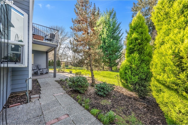 view of yard with a patio and a balcony