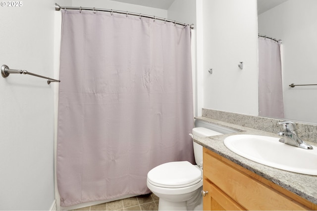 full bathroom with toilet, a shower with curtain, tile patterned flooring, and vanity