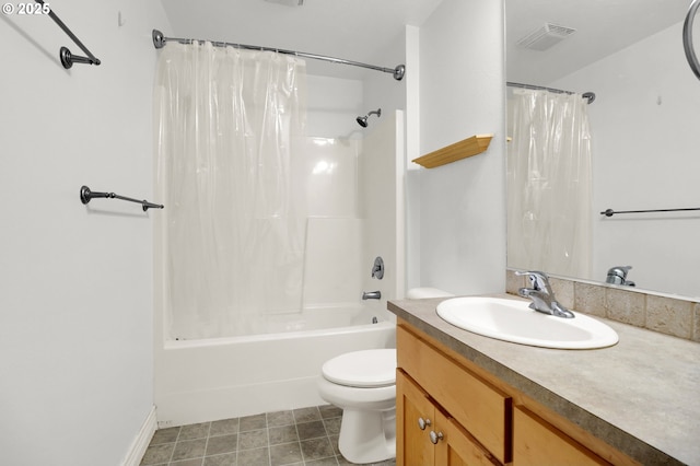 bathroom with vanity, visible vents, toilet, and shower / bath combination with curtain