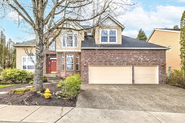 14606 NW Applegate Ln, Portland, OR 97229 - view of front facade featuring roof with shingles, concrete driveway, a garage, and brick siding