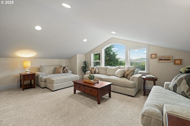 28800 SW Wildhaven Ln, Hillsboro, OR 97123 - living room with light carpet, vaulted ceiling, recessed lighting, and baseboards