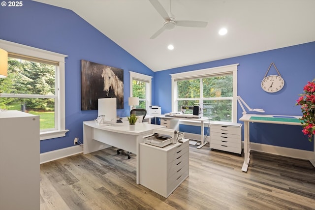 28800 SW Wildhaven Ln, Hillsboro, OR 97123 - office space featuring lofted ceiling, ceiling fan, healthy amount of natural light, wood finished floors, and recessed lighting