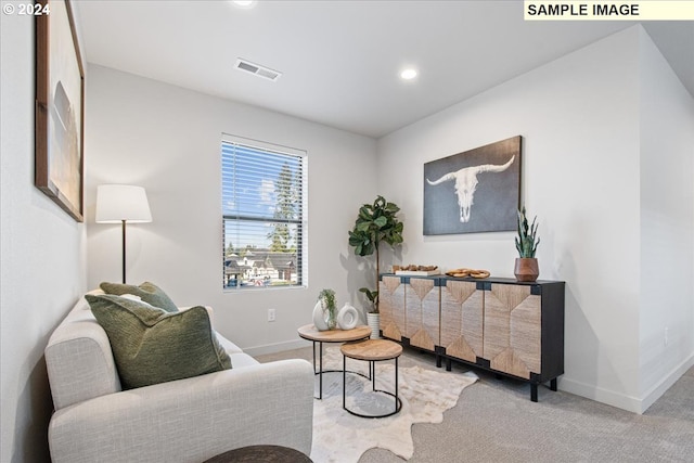 sitting room featuring light carpet