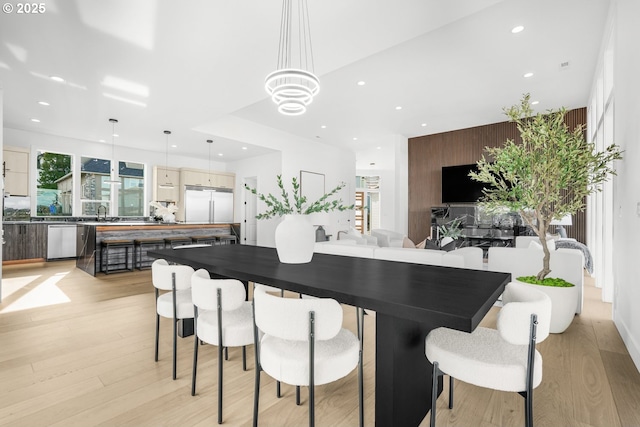 kitchen with stainless steel appliances, a wealth of natural light, hanging light fixtures, and light wood-type flooring