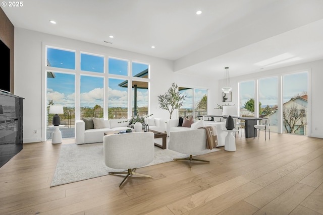 living room with a wealth of natural light and light wood-type flooring