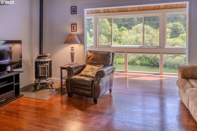 43605 State Highway 38 Unit 41, Reedsport, OR 97467 - living area with a wood stove, healthy amount of natural light, and wood finished floors