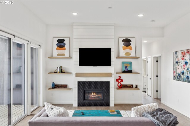 living room with a tile fireplace and wood-type flooring